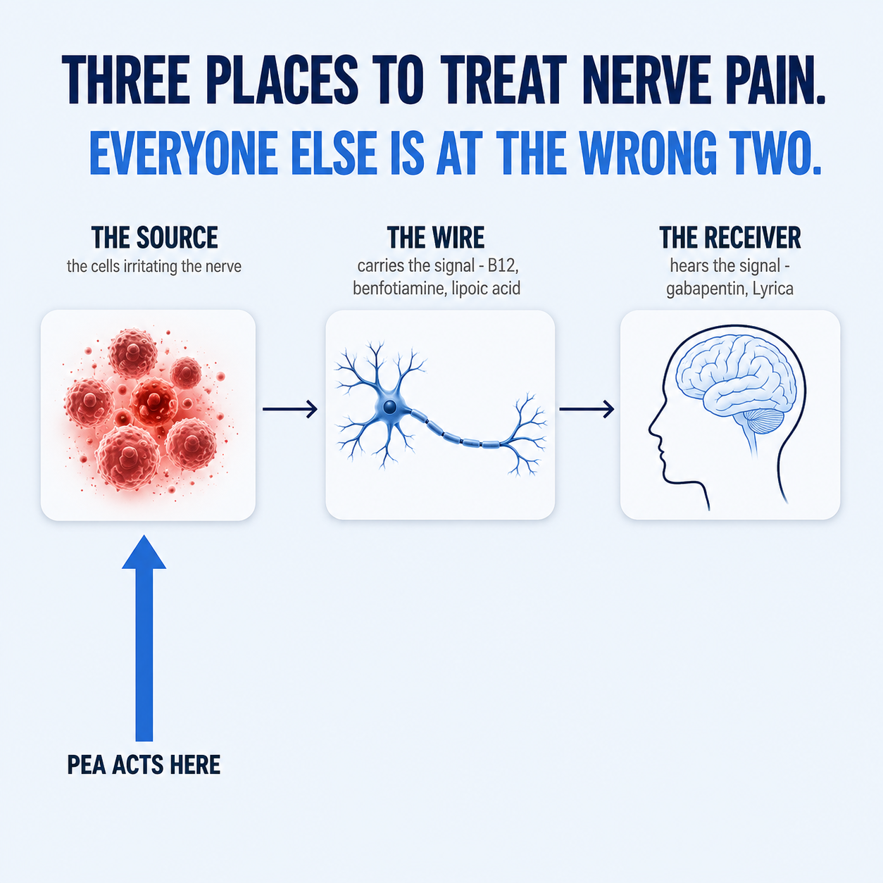 Three places to treat the burning: the source, the wire, the receiver — PEA acts at the source