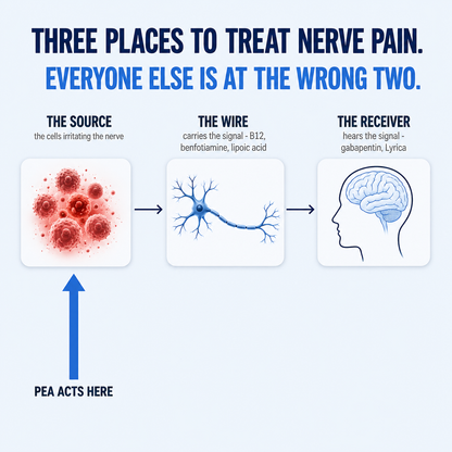 Three places to treat the burning: the source, the wire, the receiver — PEA acts at the source