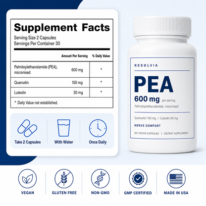 Supplement facts: PEA 600mg micronised, quercetin 150mg, luteolin 30mg. Two capsules once daily, 30 servings