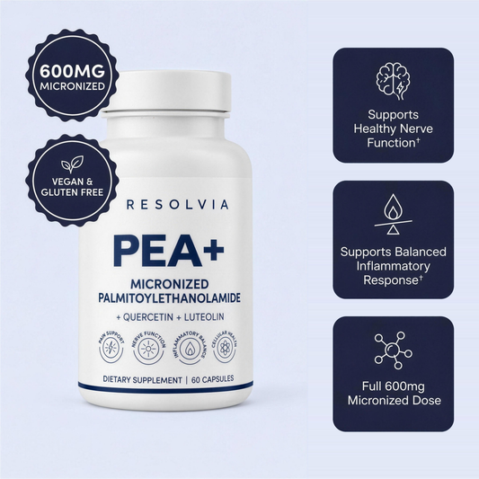 Resolvia PEA+ bottle: 600mg micronized palmitoylethanolamide with quercetin and luteolin, vegan and gluten free