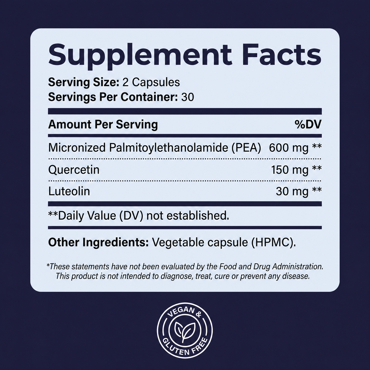 Supplement facts: micronized palmitoylethanolamide 600mg, quercetin 150mg, luteolin 30mg per two capsule serving, 30 servings