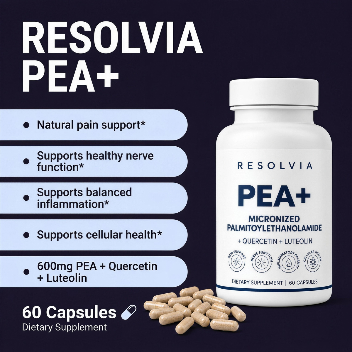 Resolvia PEA+: natural pain support, healthy nerve function, balanced inflammation and cellular health from 600mg PEA plus quercetin and luteolin