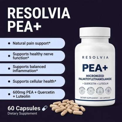 Resolvia PEA+: natural pain support, healthy nerve function, balanced inflammation and cellular health from 600mg PEA plus quercetin and luteolin
